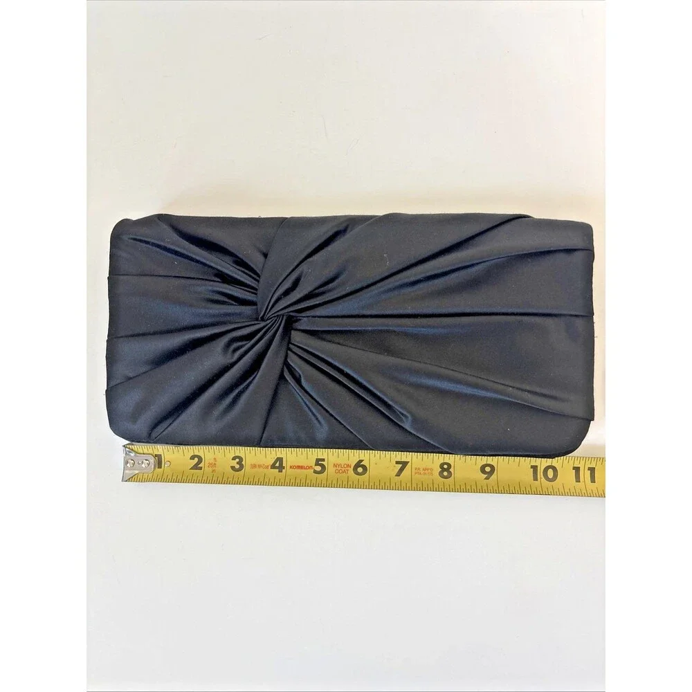 White House Black Market Black Satin Twist Front Evening Clutch w/Silver Chain - Picture 15 of 16